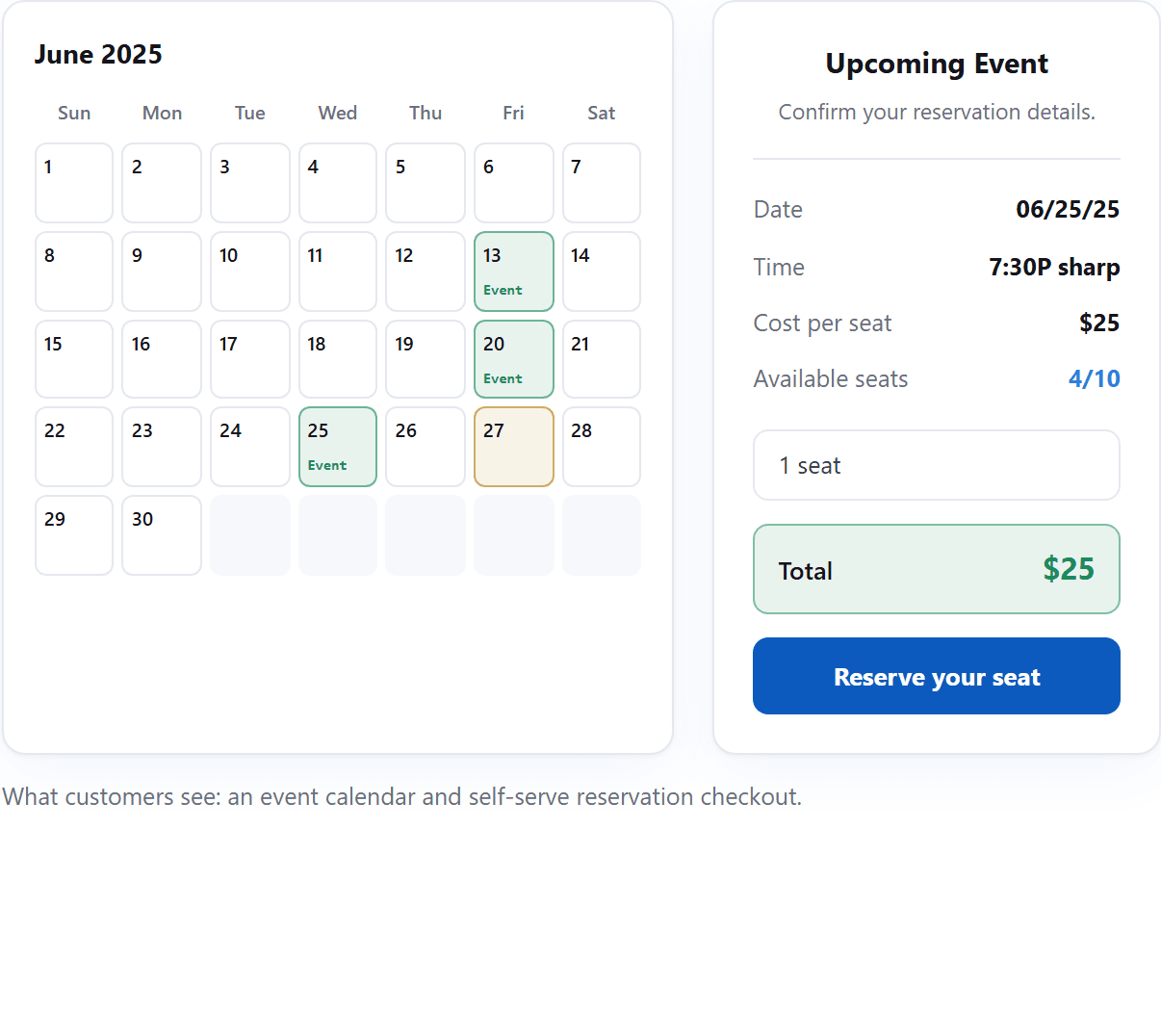 Event reservation interface showing a June calendar and a self-serve seat checkout panel.