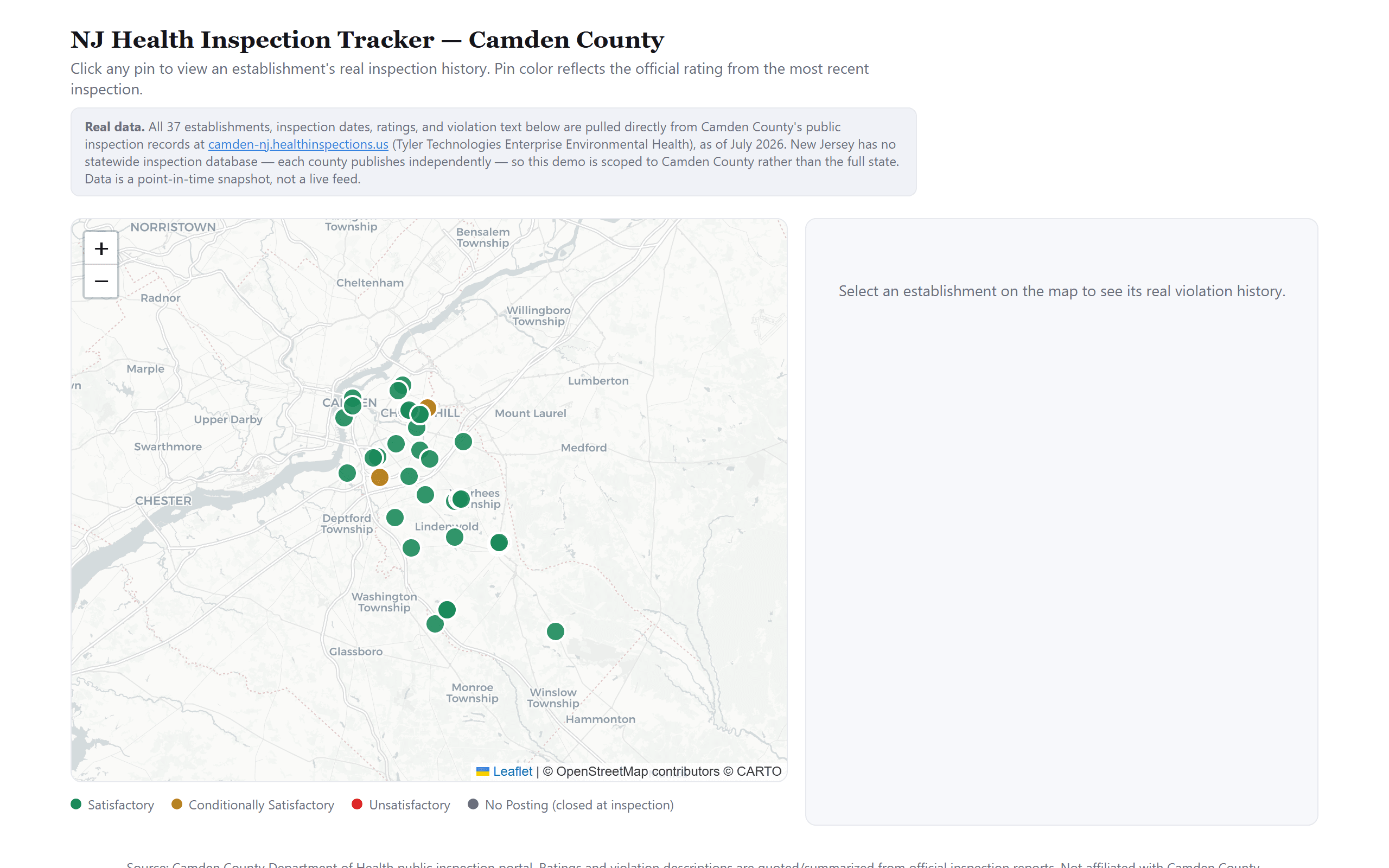 Map of New Jersey showing health inspection results plotted by restaurant location.