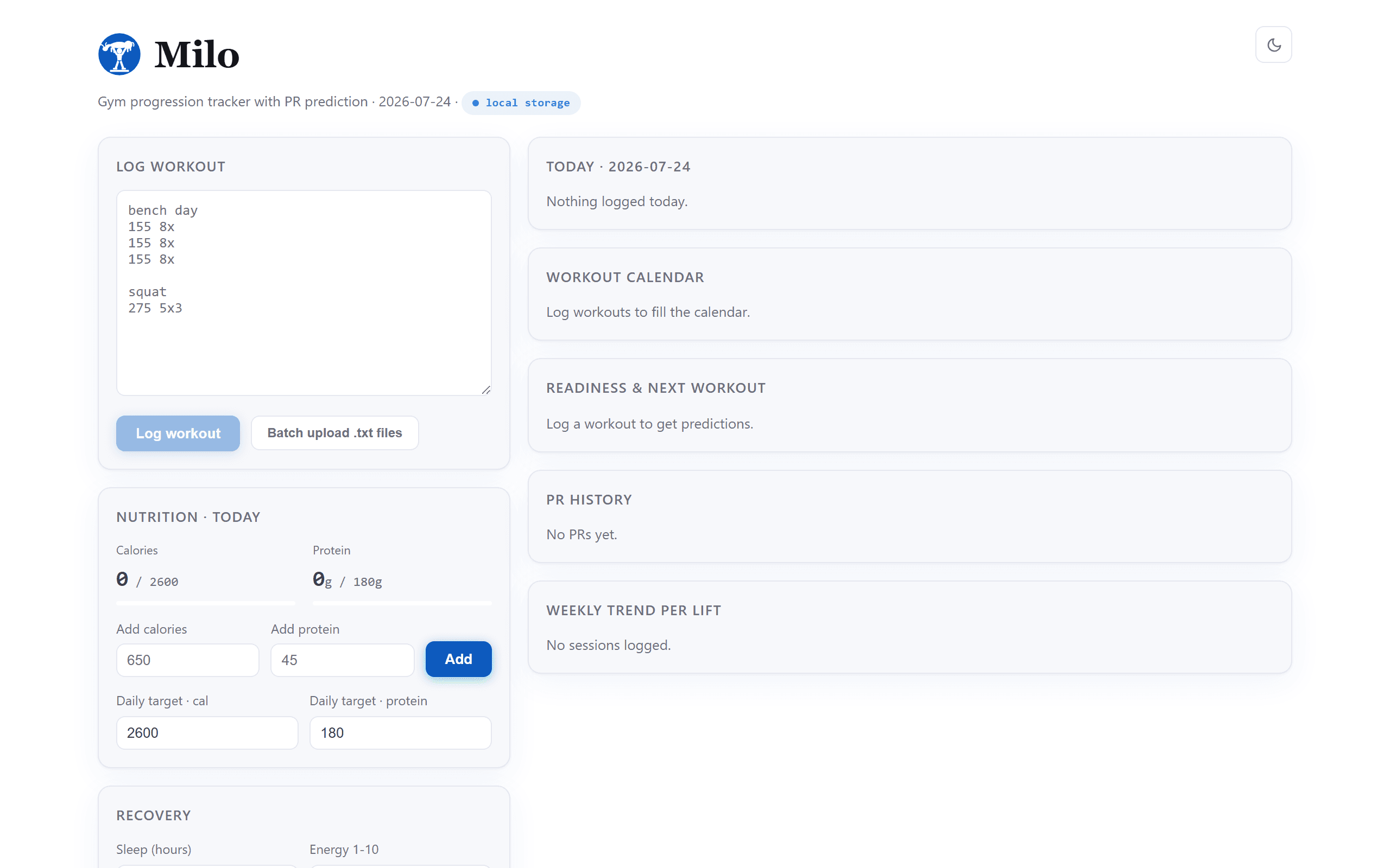 Milo's readiness dialog open for Bench, showing PR progression chart and next-session target.